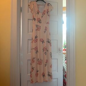 Sweet Blush pink floral chiffon maxi, lined, open back, elastic waist szXSP